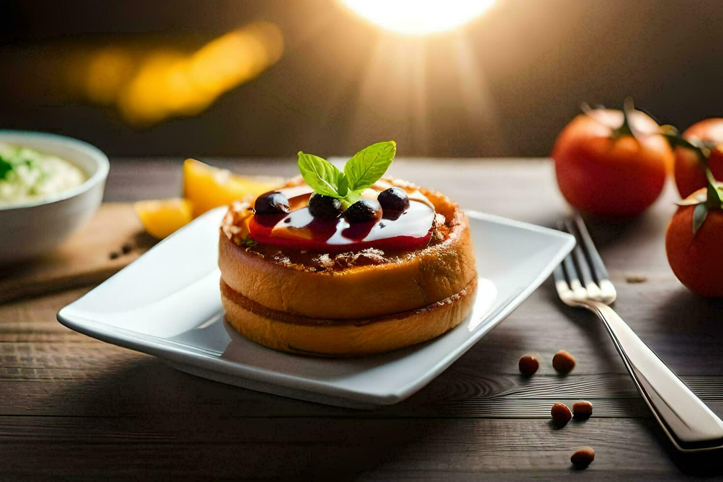 une dessert sur une assiette avec tomates et épices. généré par ai photo