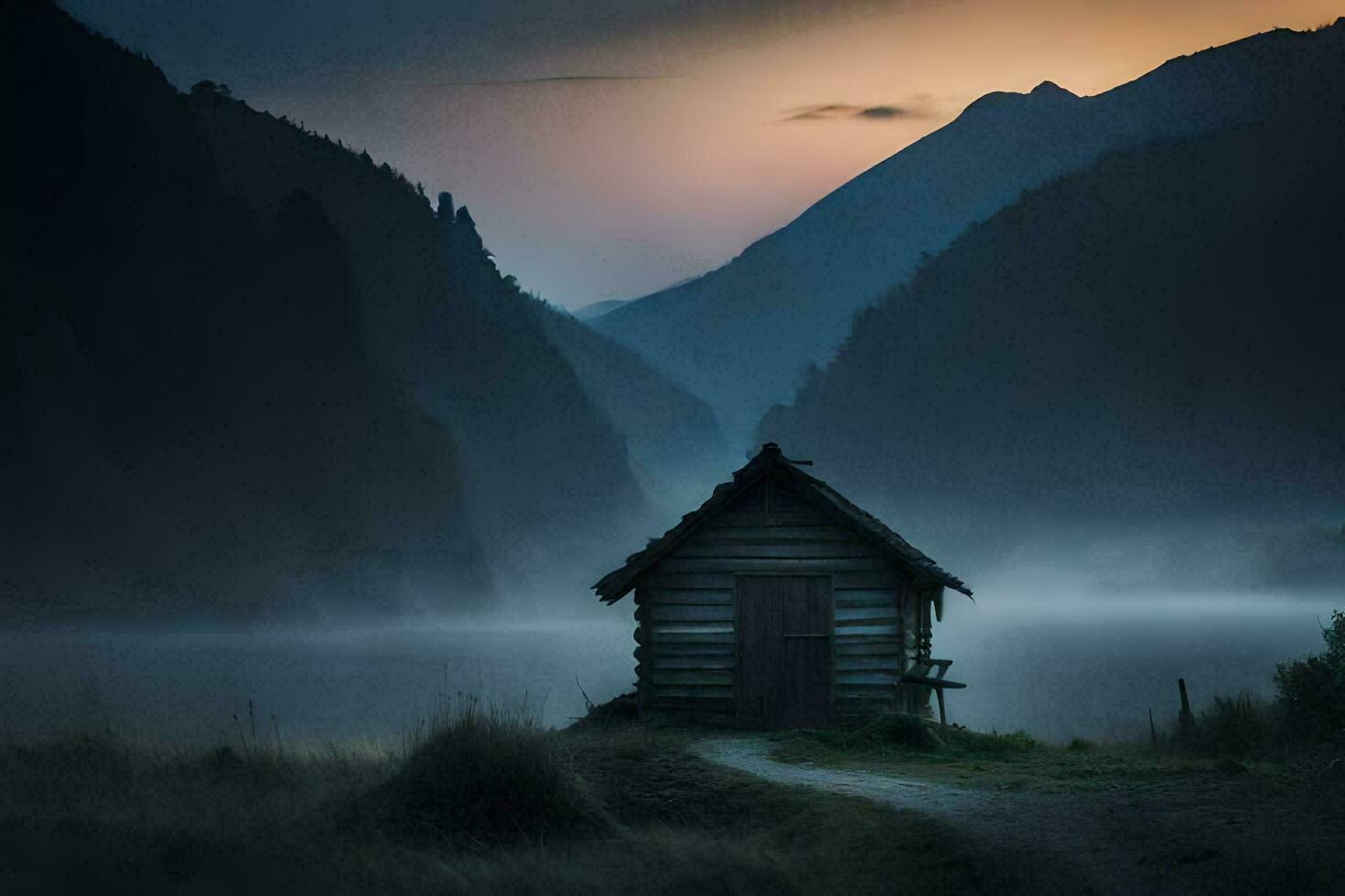 une petit cabine dans le milieu de une brumeux Montagne. généré par ai photo