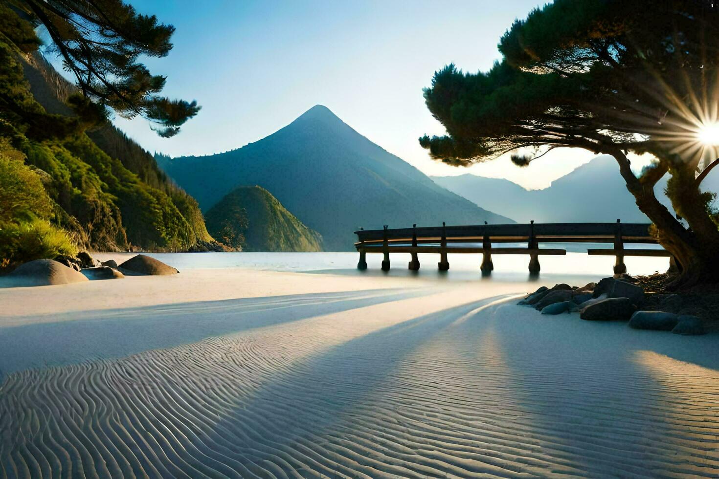 une plage avec une en bois jetée et montagnes dans le Contexte. généré par ai photo