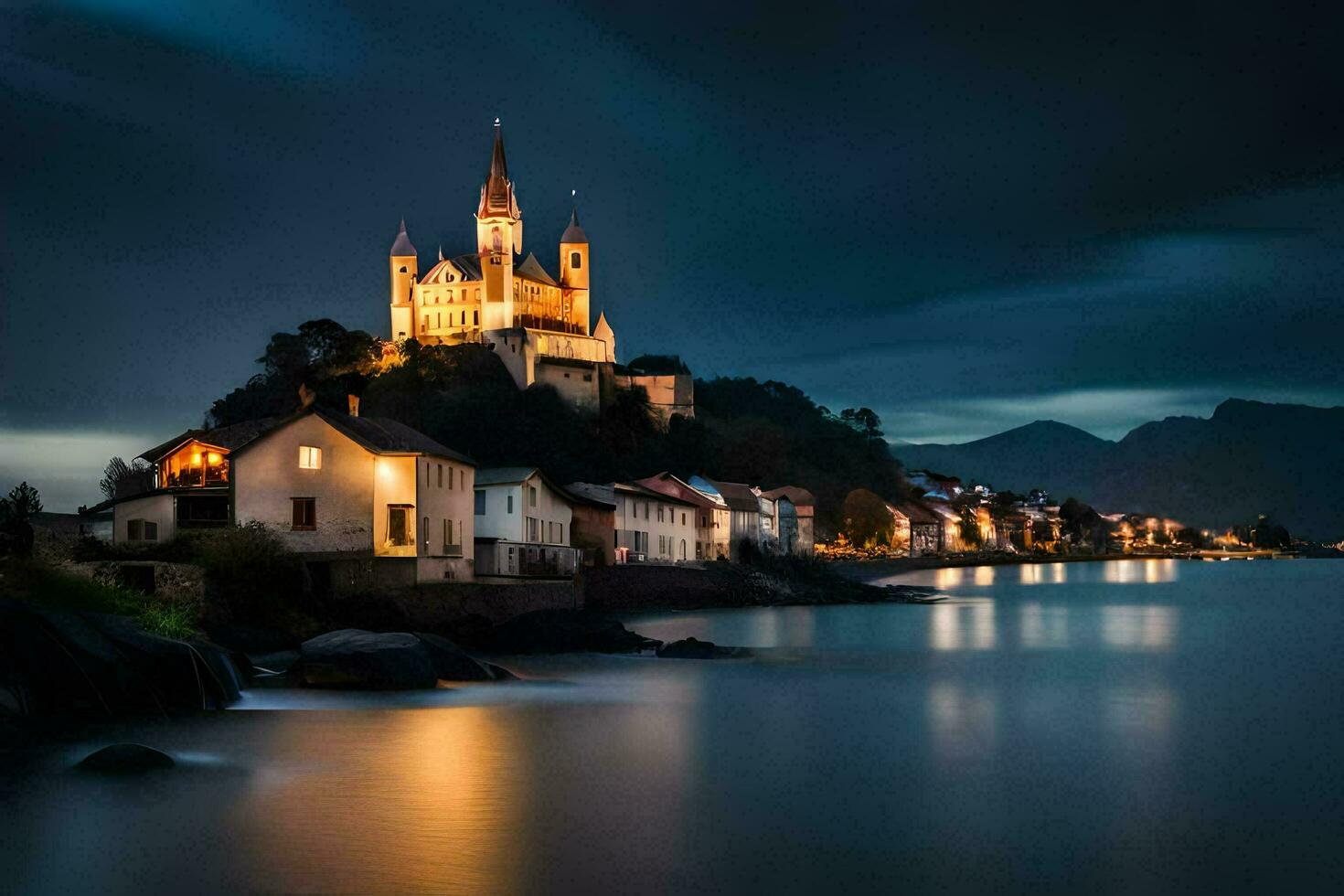 une Château est assis sur Haut de une colline surplombant le océan. généré par ai photo