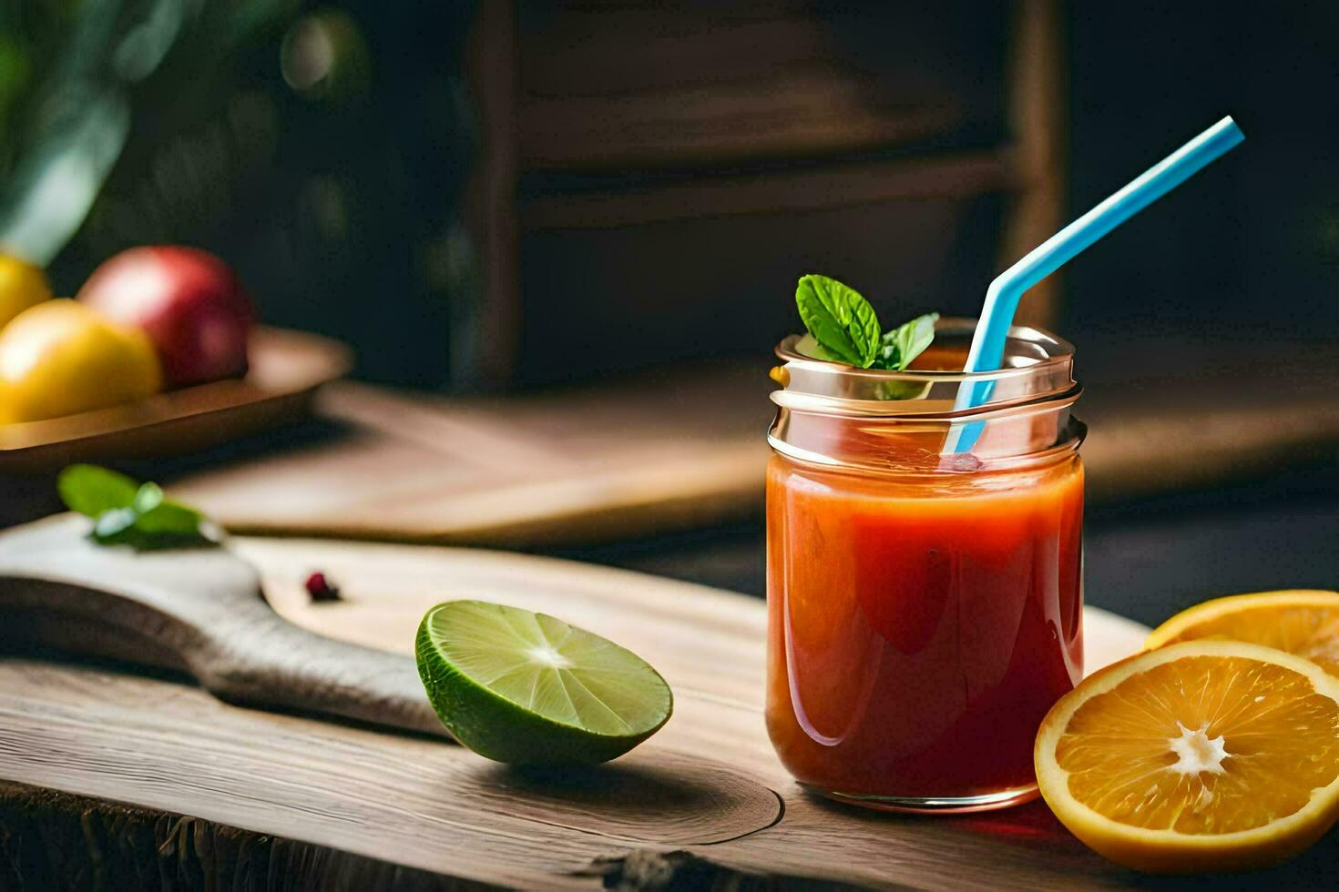 une verre de jus avec une paille et des oranges. généré par ai photo