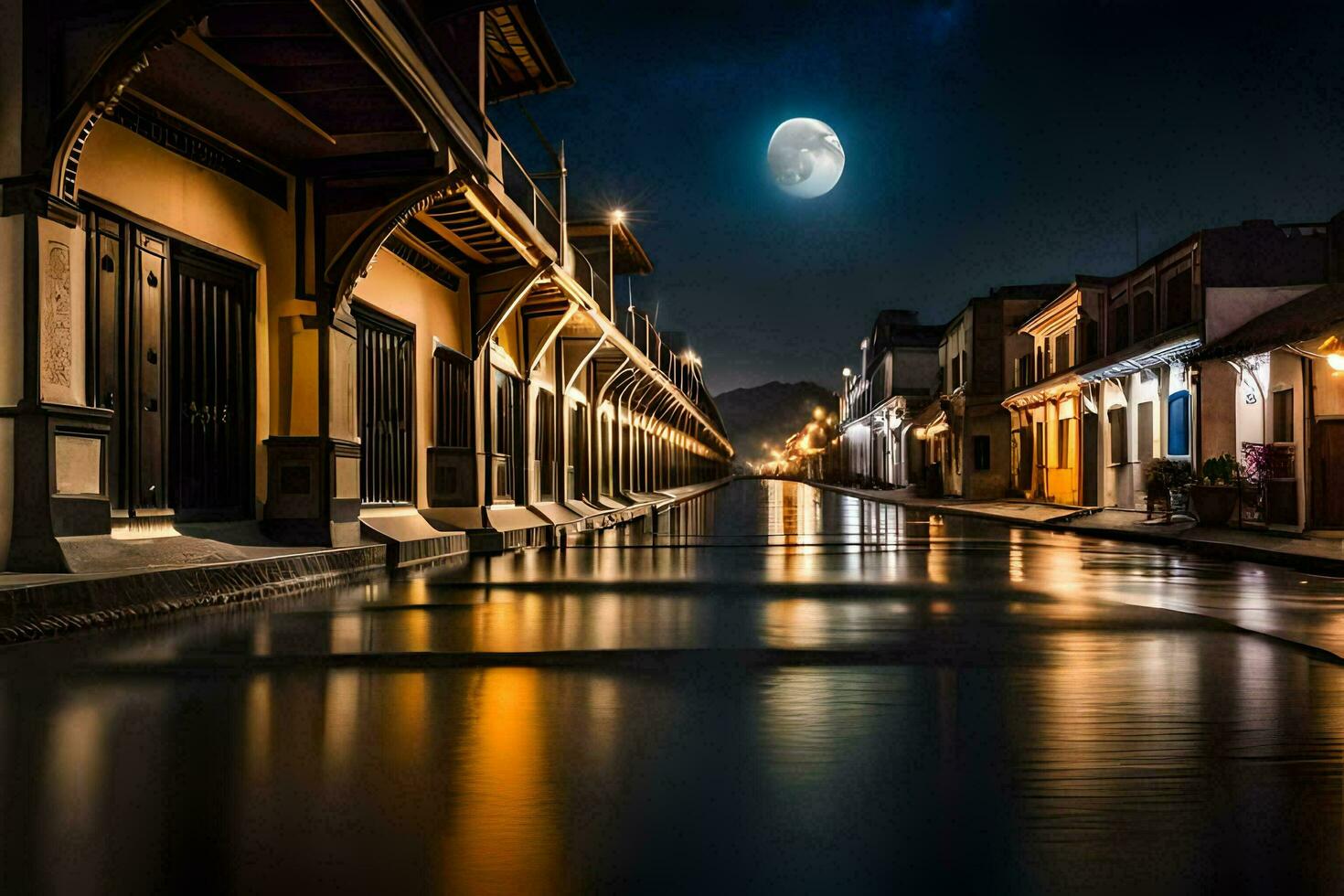 une rue avec bâtiments et une lune dans le ciel. généré par ai photo