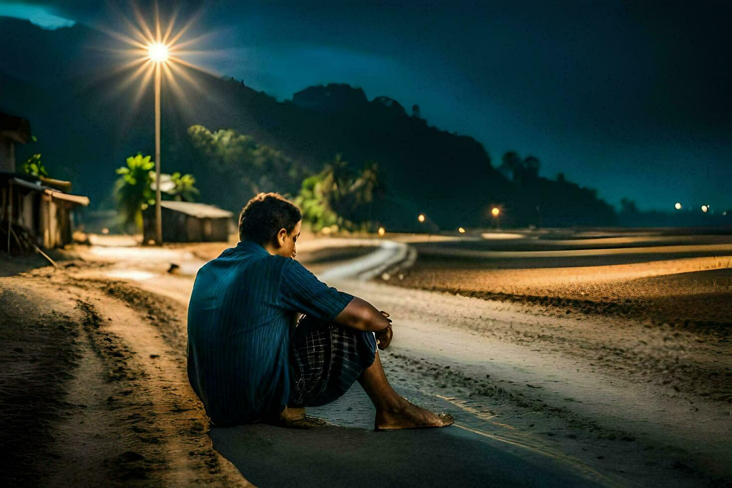une homme séance sur le plage à nuit. généré par ai photo