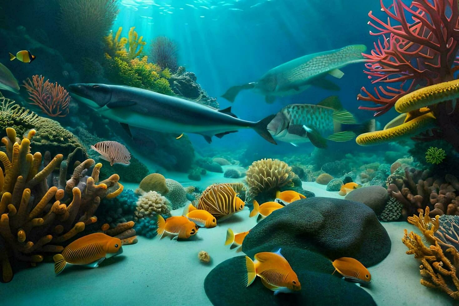 un sous-marin scène avec corail récifs et poisson. généré par ai photo