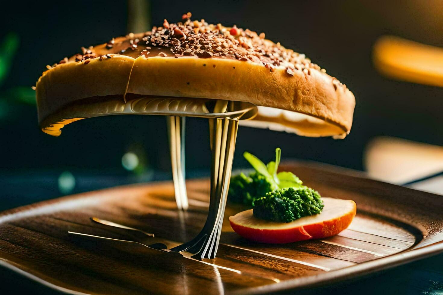 une sandwich sur une en bois assiette avec fourchette et couteau. généré par ai photo