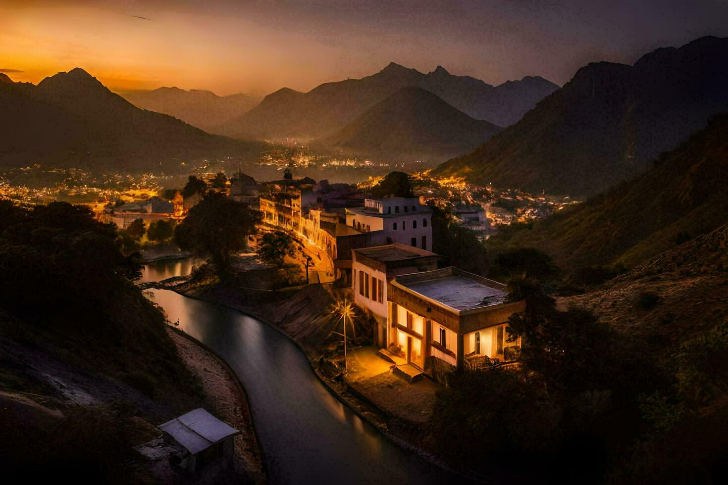 une rivière court par une ville à le coucher du soleil. généré par ai photo