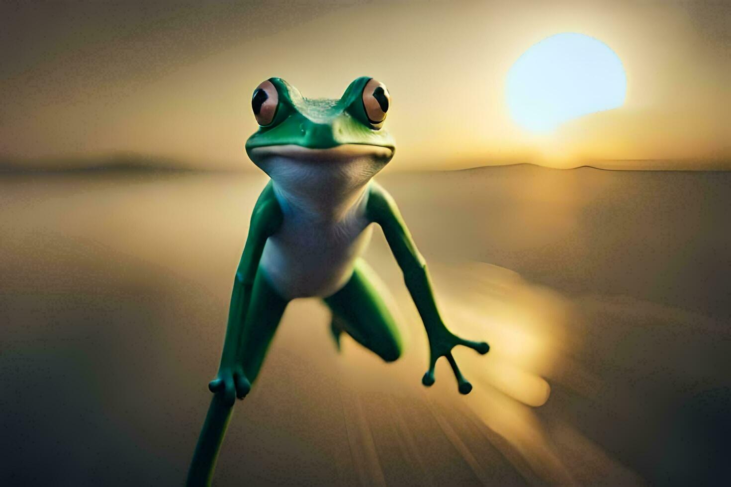 une grenouille sauter dans le air avec le Soleil dans le Contexte. généré par ai photo