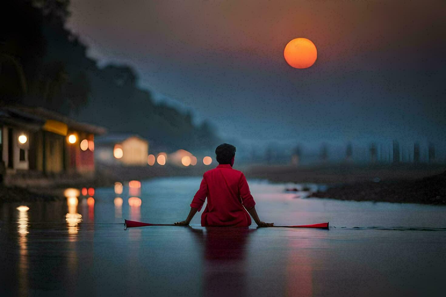 une homme séance sur une canoë dans le l'eau à le coucher du soleil. généré par ai photo