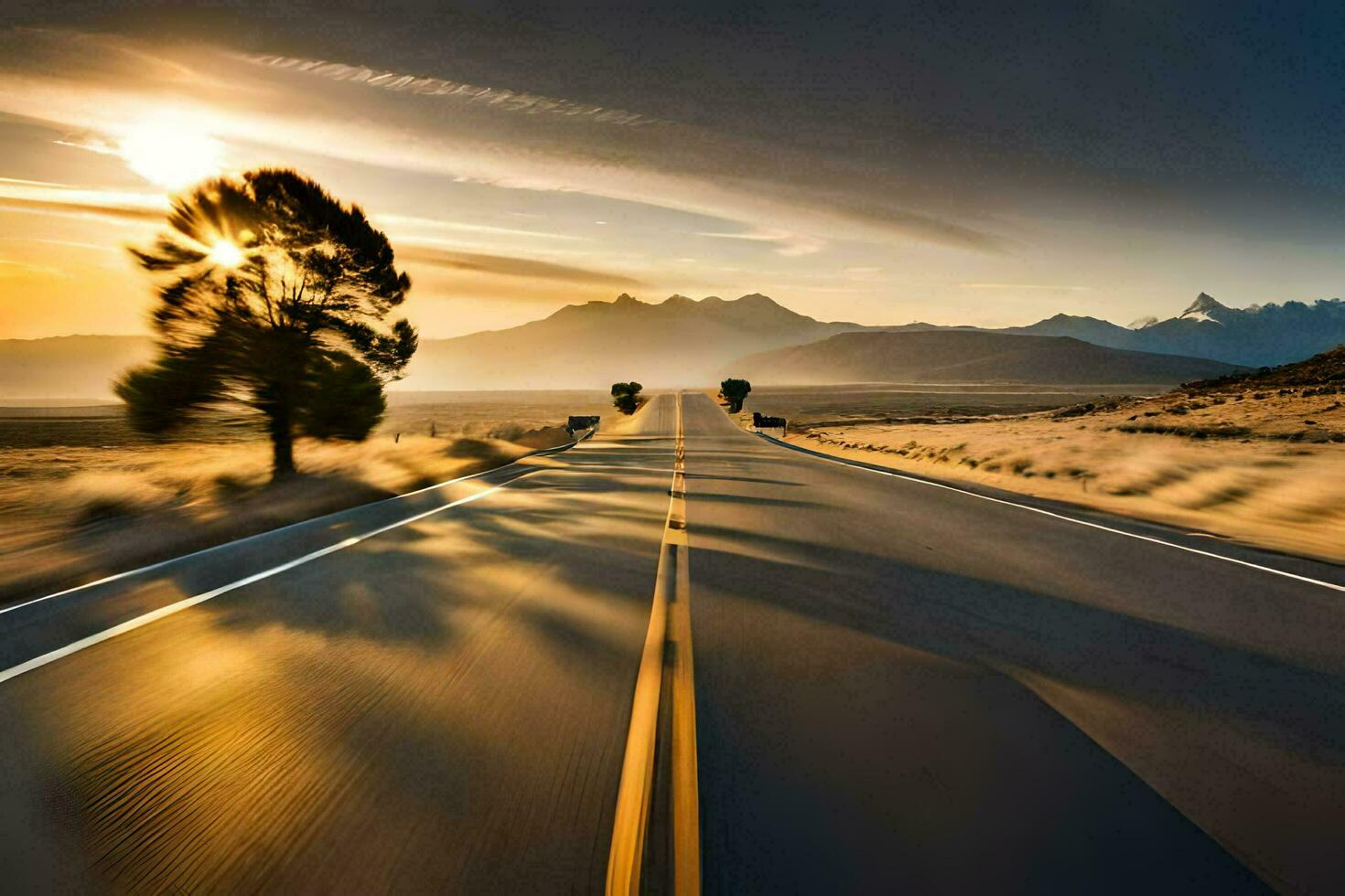 une longue route avec une arbre dans le premier plan. généré par ai photo