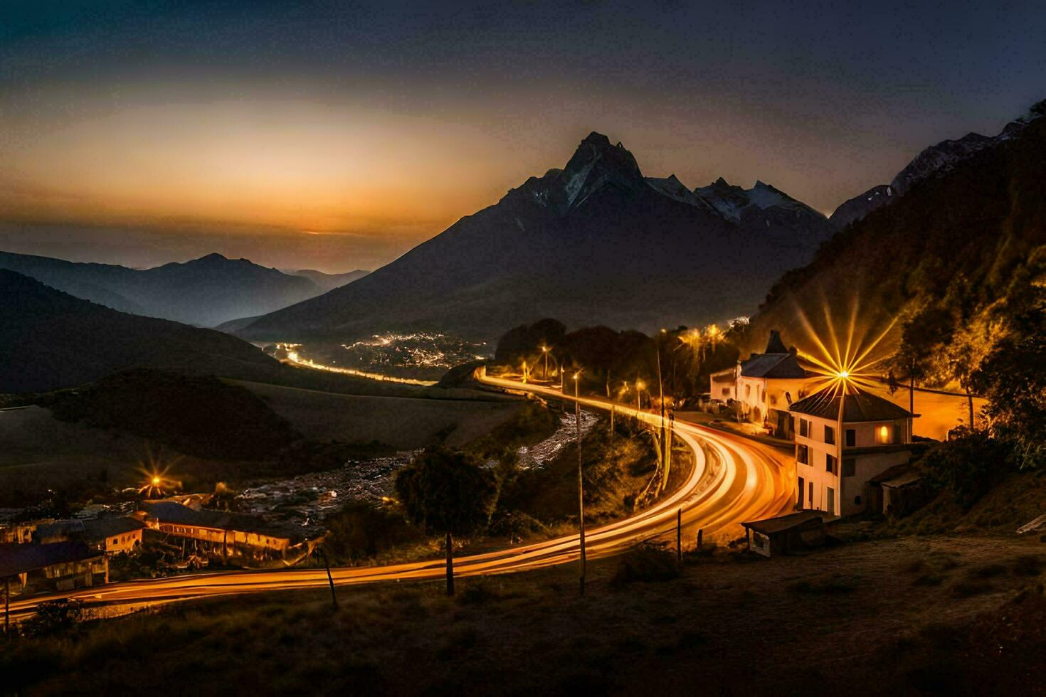 une route dans le montagnes à le coucher du soleil. généré par ai photo