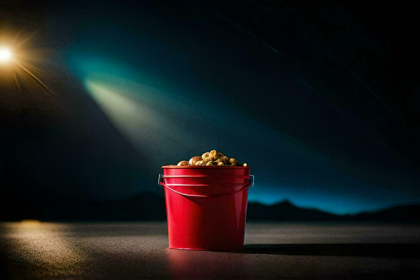 une rouge seau rempli avec pop corn sur une foncé surface. généré par ai photo