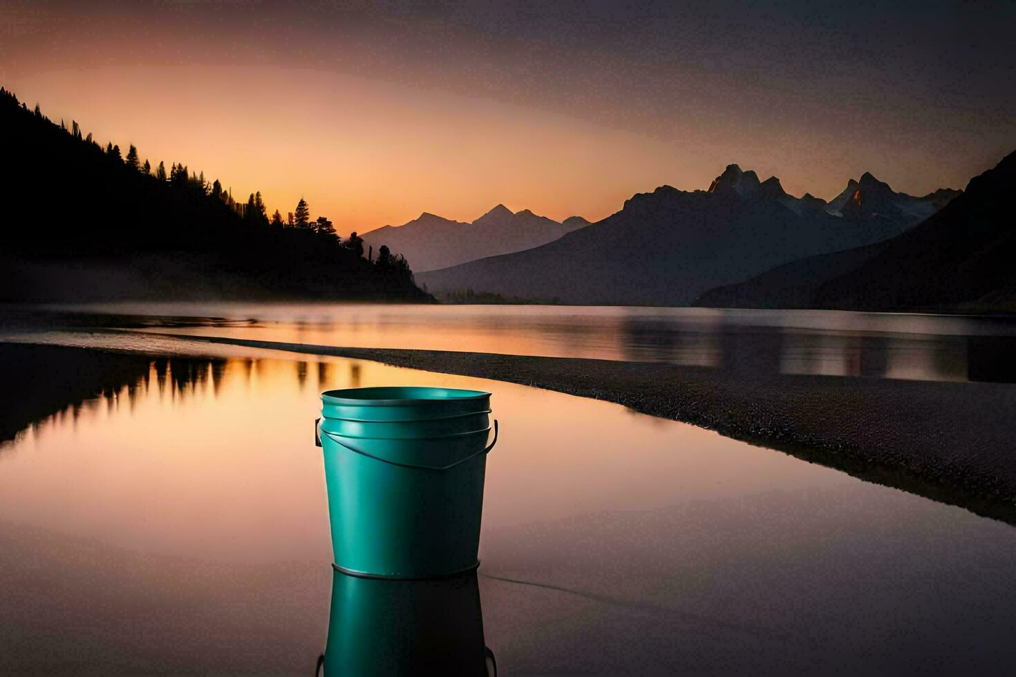 une seau séance sur le rive de une Lac à le coucher du soleil. généré par ai photo