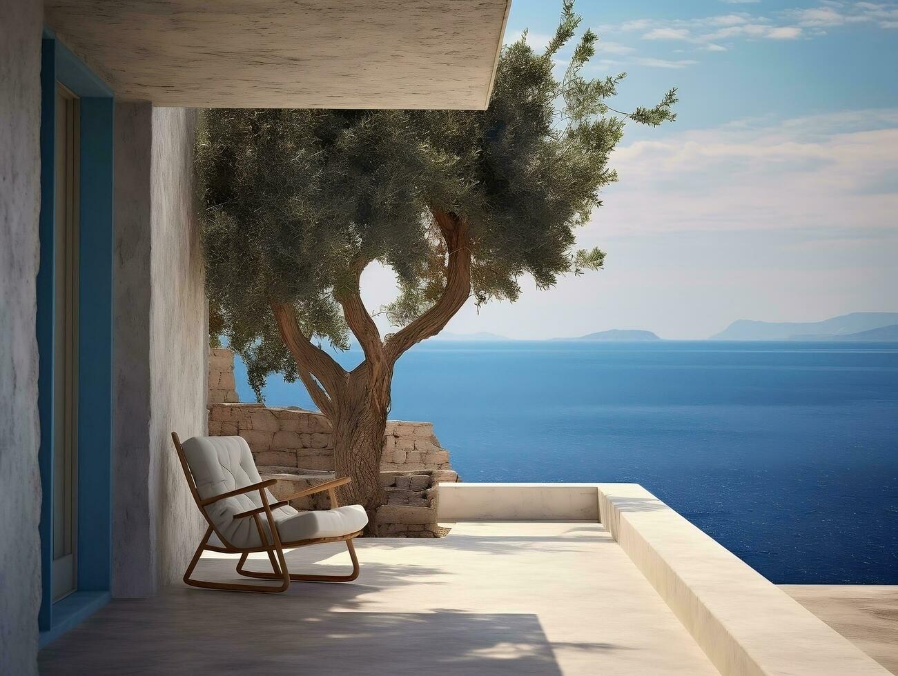 balcon terrasse de une pierre maison par une bleu mer avec une plage chaise près une arbre ai génératif photo