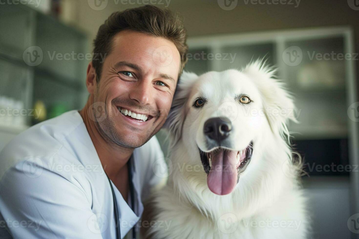 une Masculin animal de compagnie vétérinaire étreindre une chien bokeh style Contexte avec génératif ai photo