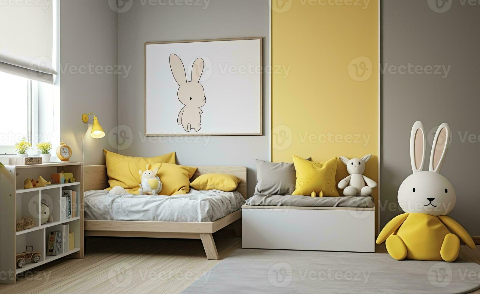 enfants chambre avec une Jaune oreiller, lapin, et lampe. ai généré photo