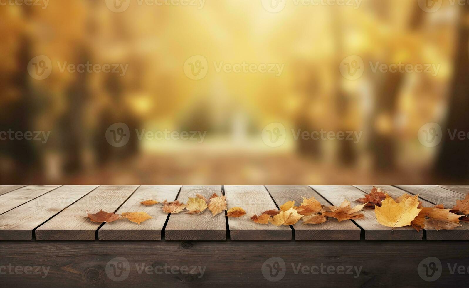 en bois table orné avec l'automne feuilles et la nature paysage bokeh. ai généré photo