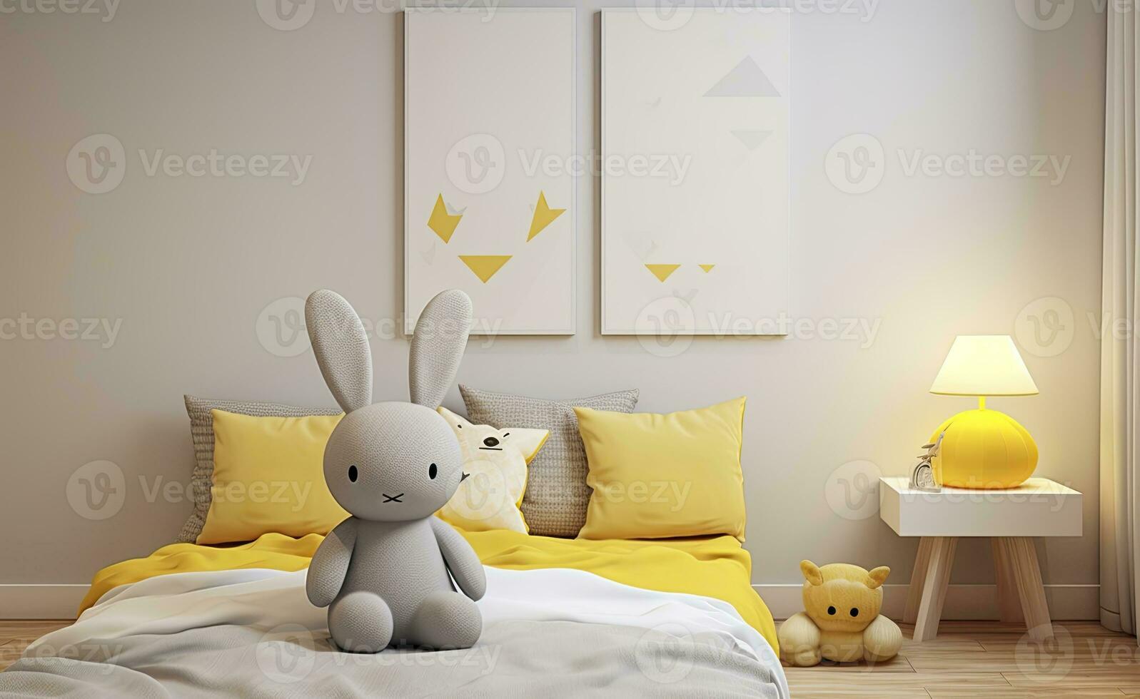 enfants chambre avec une Jaune oreiller, lapin, et lampe. ai généré photo