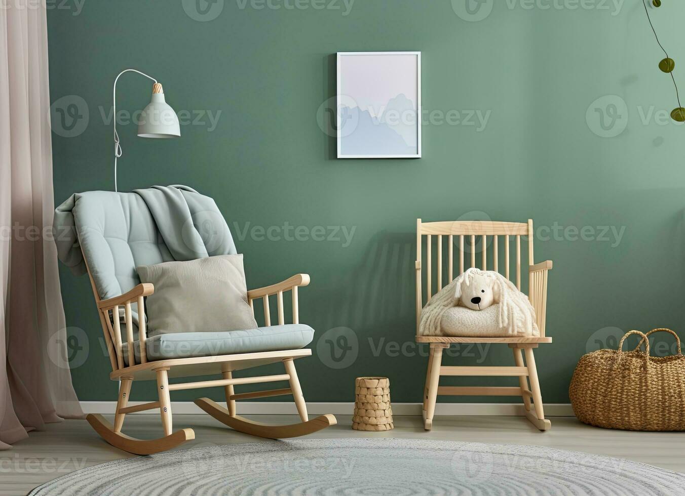 minimaliste pastel vert enfant pièce avec une en bois balancement chaise. ai généré photo