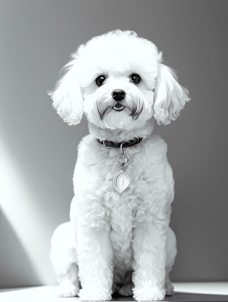 content chien bichon frise noir et blanc monochrome photo dans studio éclairage