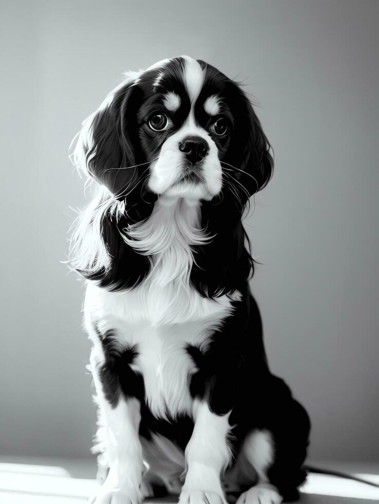 content cavalier Roi Charles épagneul chien noir et blanc monochrome photo dans studio éclairage