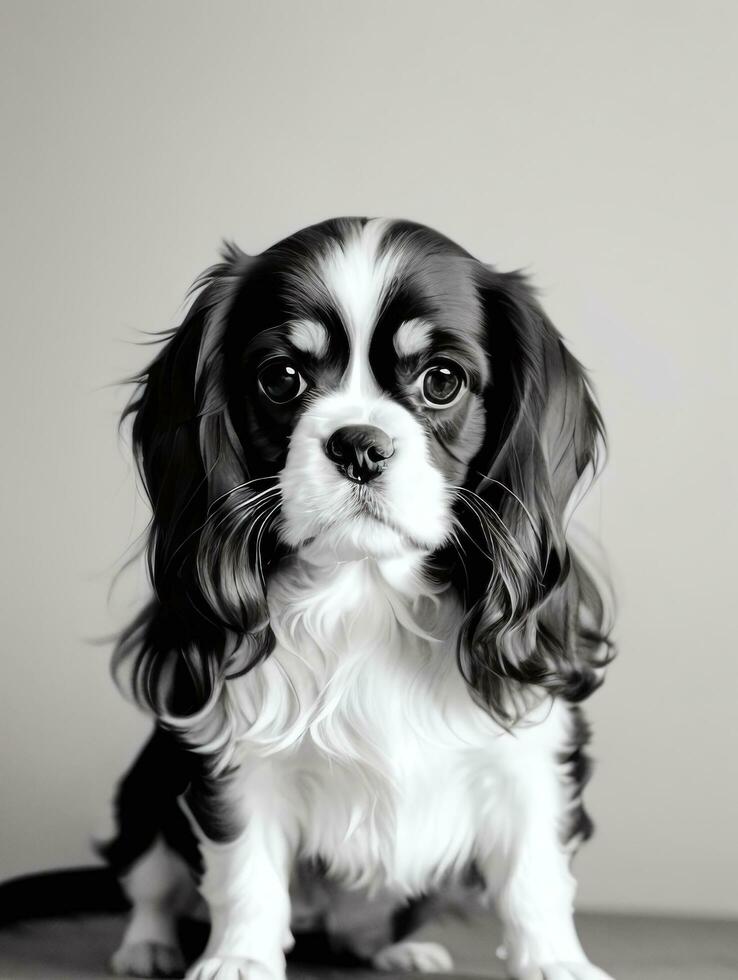 content cavalier Roi Charles épagneul chien noir et blanc monochrome photo dans studio éclairage