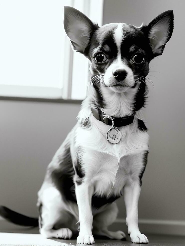 content chihuahua chien noir et blanc monochrome photo dans studio éclairage