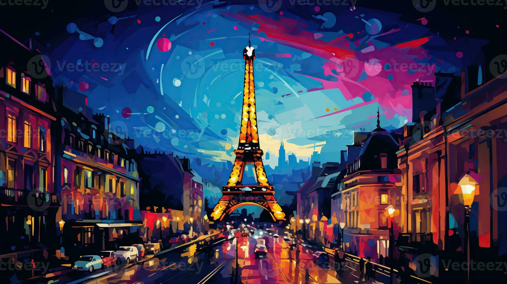 carte postale avec nuit Paris, le Eiffel la tour, néon style photo