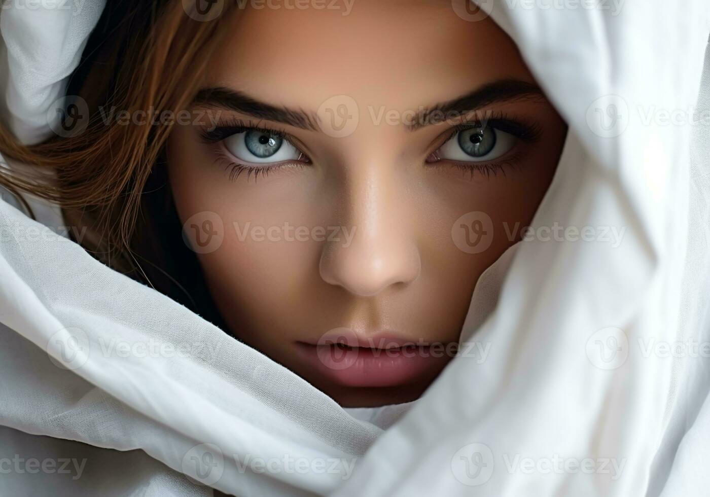 portrait de une femme avec sa visage couvert par blanc chiffon. captivant élégance style, avec doux se maquiller. ai génératif photo