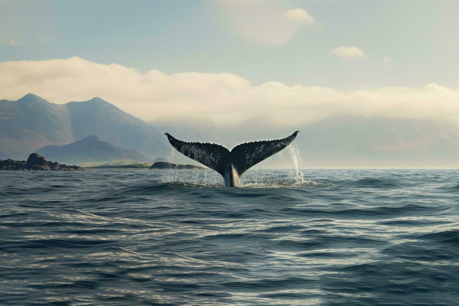 baleine queue dans le océan avec montagnes dans le Contexte. Islande, paysage marin avec baleine queue, ai généré photo