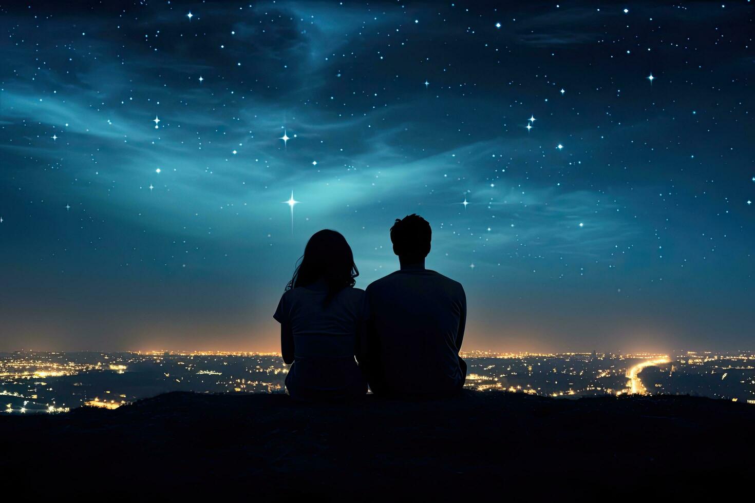 couple séance sur le Haut de une Montagne en train de regarder le nuit ville, arrière vue silhouettes de une couple séance sur le Haut de le colline à la recherche et montrer du doigt en dehors à tournage étoile, ai généré photo