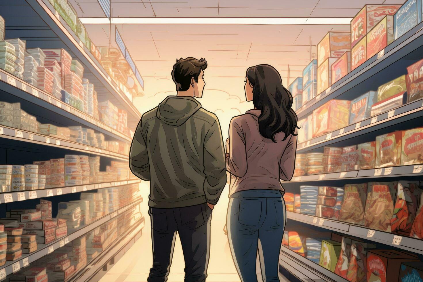 arrière vue de Jeune couple à la recherche à chaque autre contre étagères dans supermarché, arrière vue de Jeune couple achats dans supermarché illustration, ai généré photo