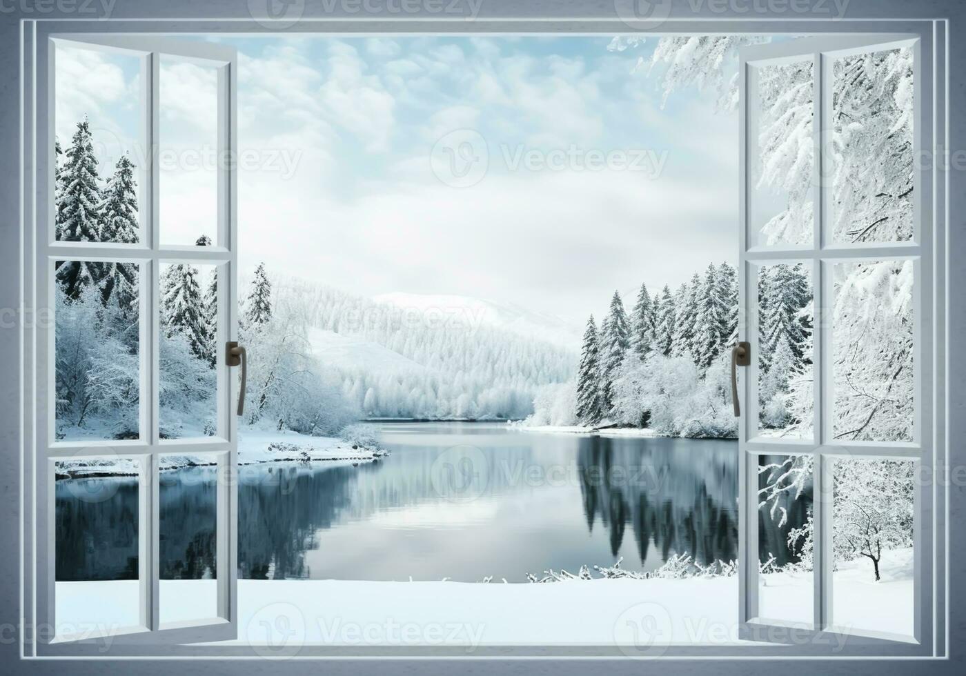 du froid hiver paysage avec beaucoup de neige, vu par un ouvert la fenêtre. ai généré photo