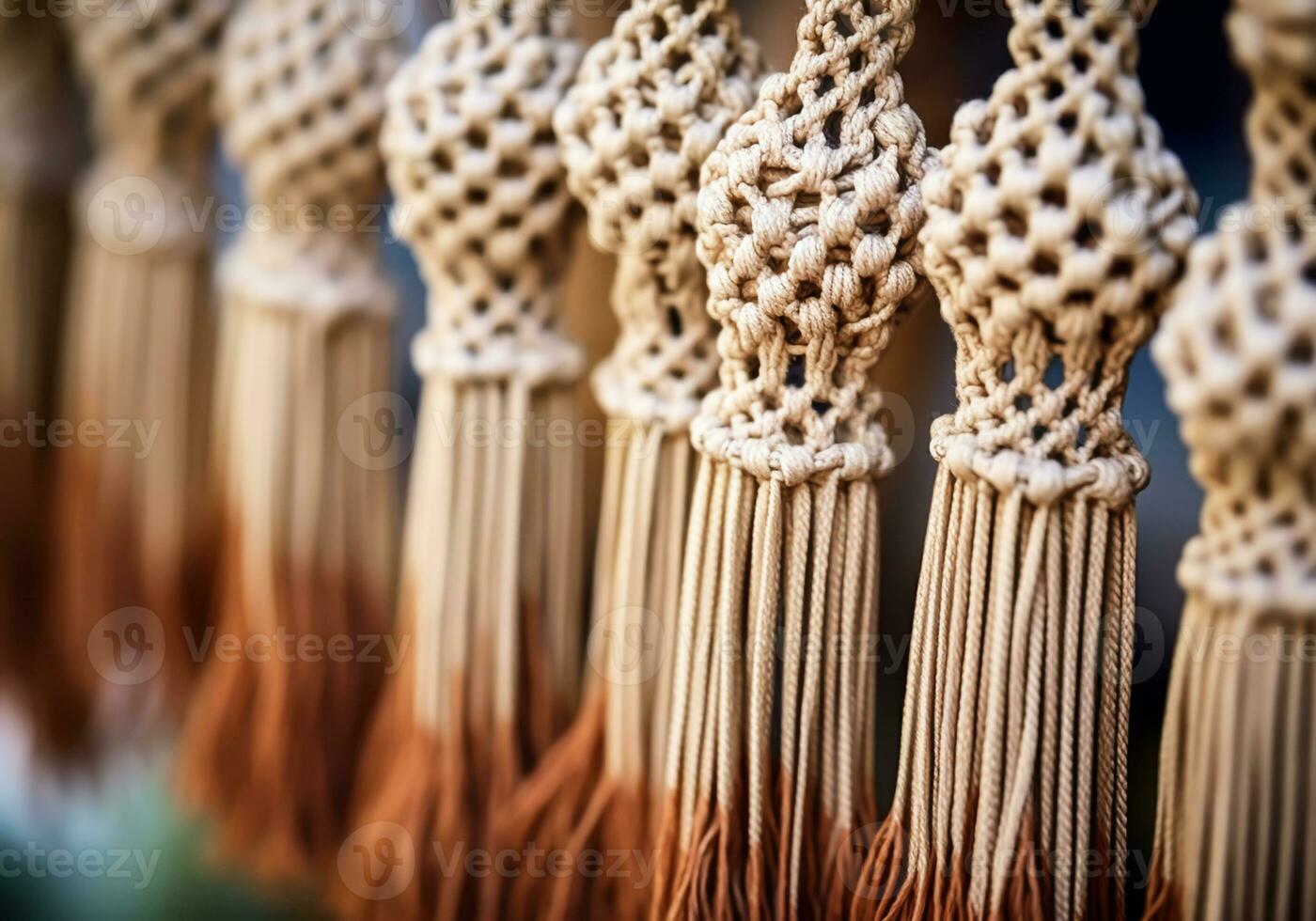 fermer de macramé, Manuel tissage technique en utilisant nœuds. métier à tisser. traditionnel artisanat. Fait main. ai généré photo