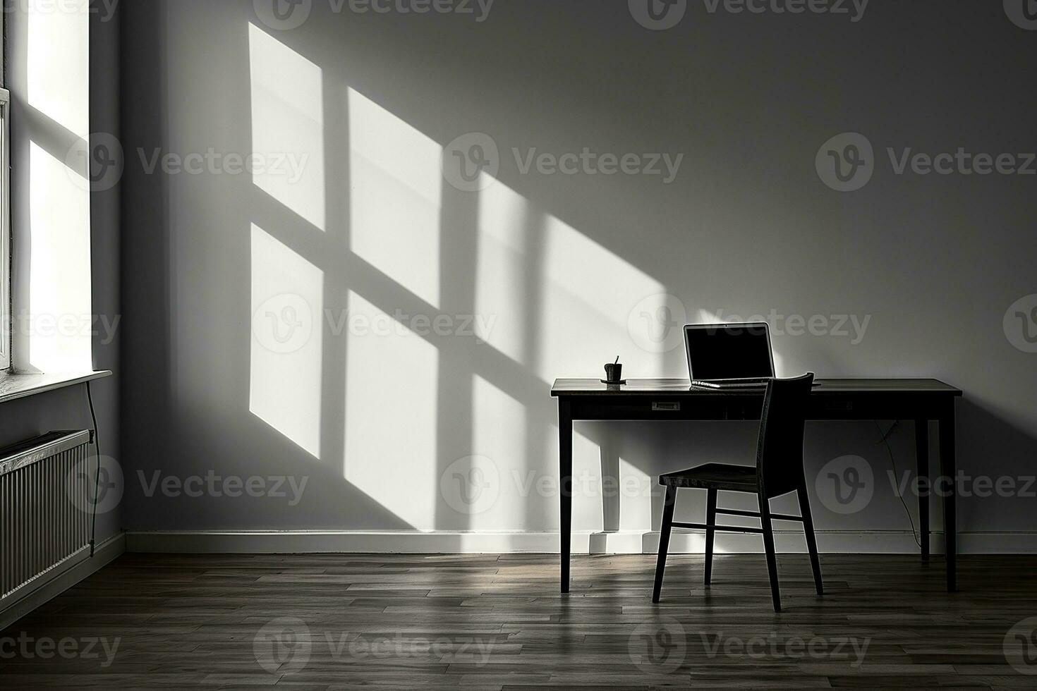 bureau avec ordinateur et chaise dans un vide chambre. magnifique ombre sur le mur. éloigné travail concept. génératif ai photo