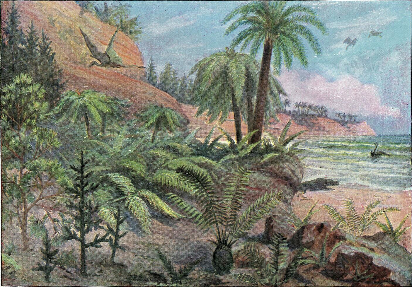 paysage de le jurassique période, ancien gravure. photo