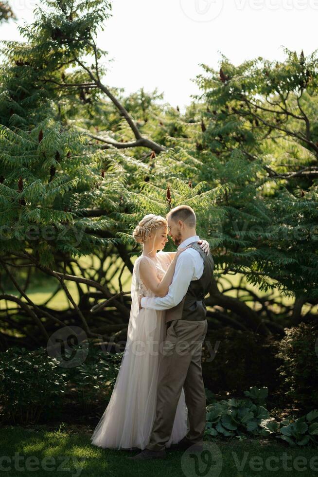 mariage marcher de le la mariée et jeune marié dans une conifère dans elfique accessoires photo