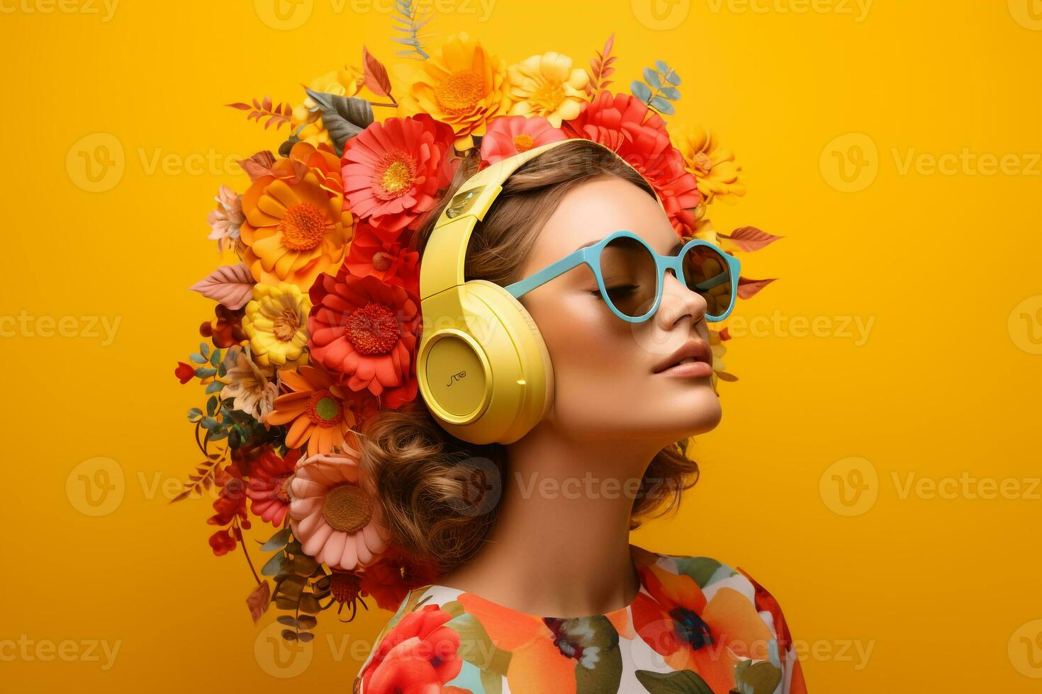 une femme avec écouteurs et Jaune Contexte photo