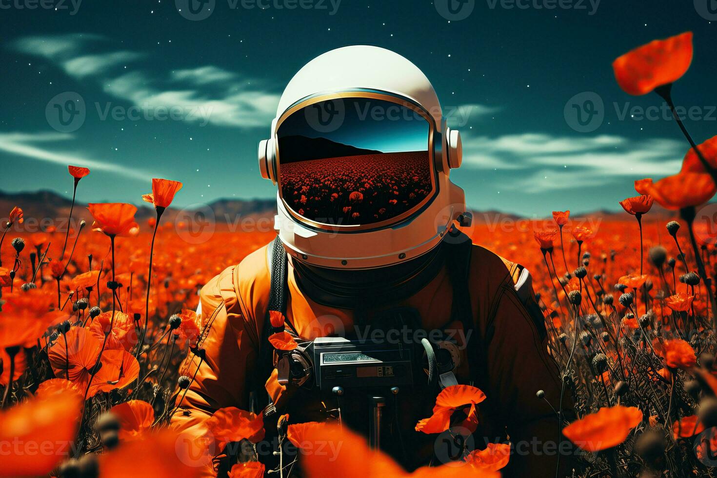 astronaute dans alpin prairies, dans une champ de coquelicots photo