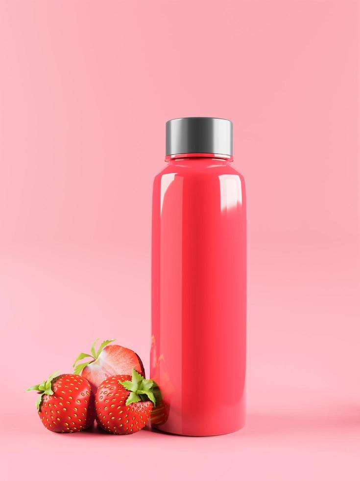 bouteille de crème parfumée à la fraise sur fond blanc. photo