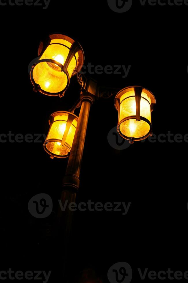 une jardin lampe lumières en haut à nuit, magnifiquement faible dans le obscurité de le nuit photo
