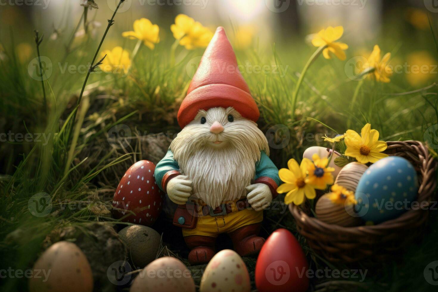 Pâques gnome décoration avec coloré des œufs. produire ai photo