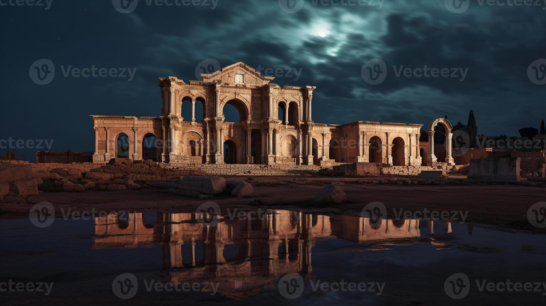 nuit vue de leptis magna. génératif ai photo