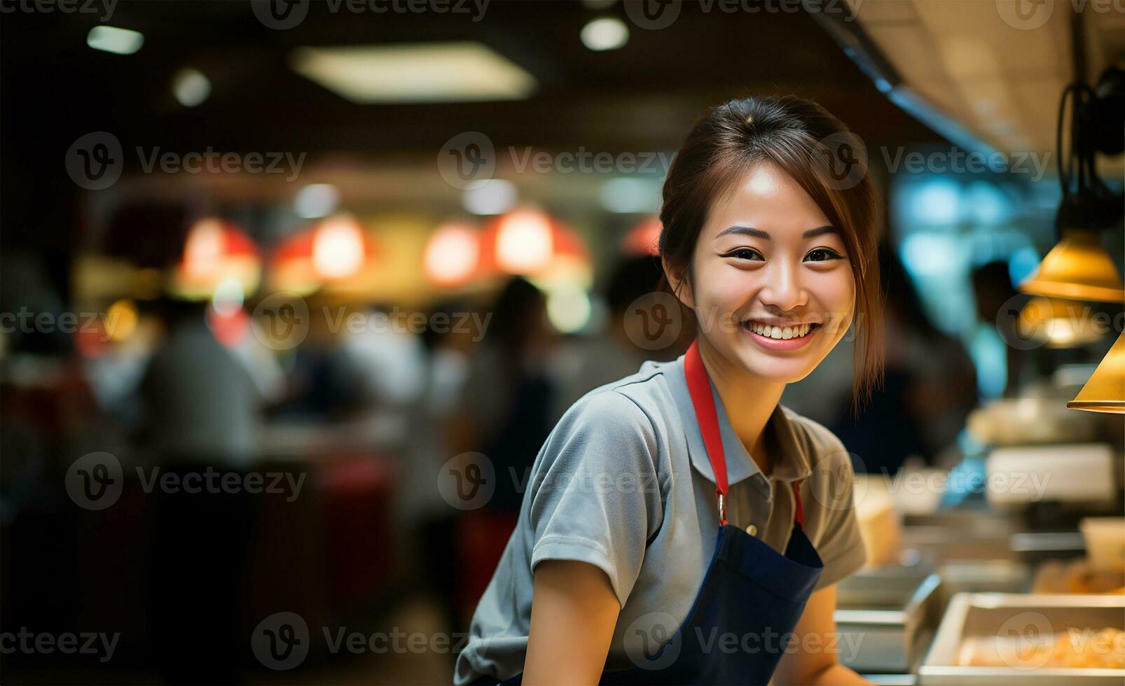 une jeune et radiant vendeuse des stands en évidence, sa chaud sourire accueillant clients. ai généré photo