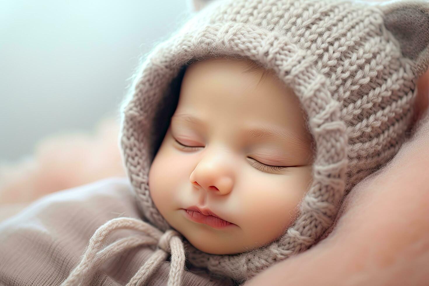 en train de dormir nouveau née bébé dans une tricoté chapeau, fermer, en train de dormir nouveau née bébé, ai généré photo