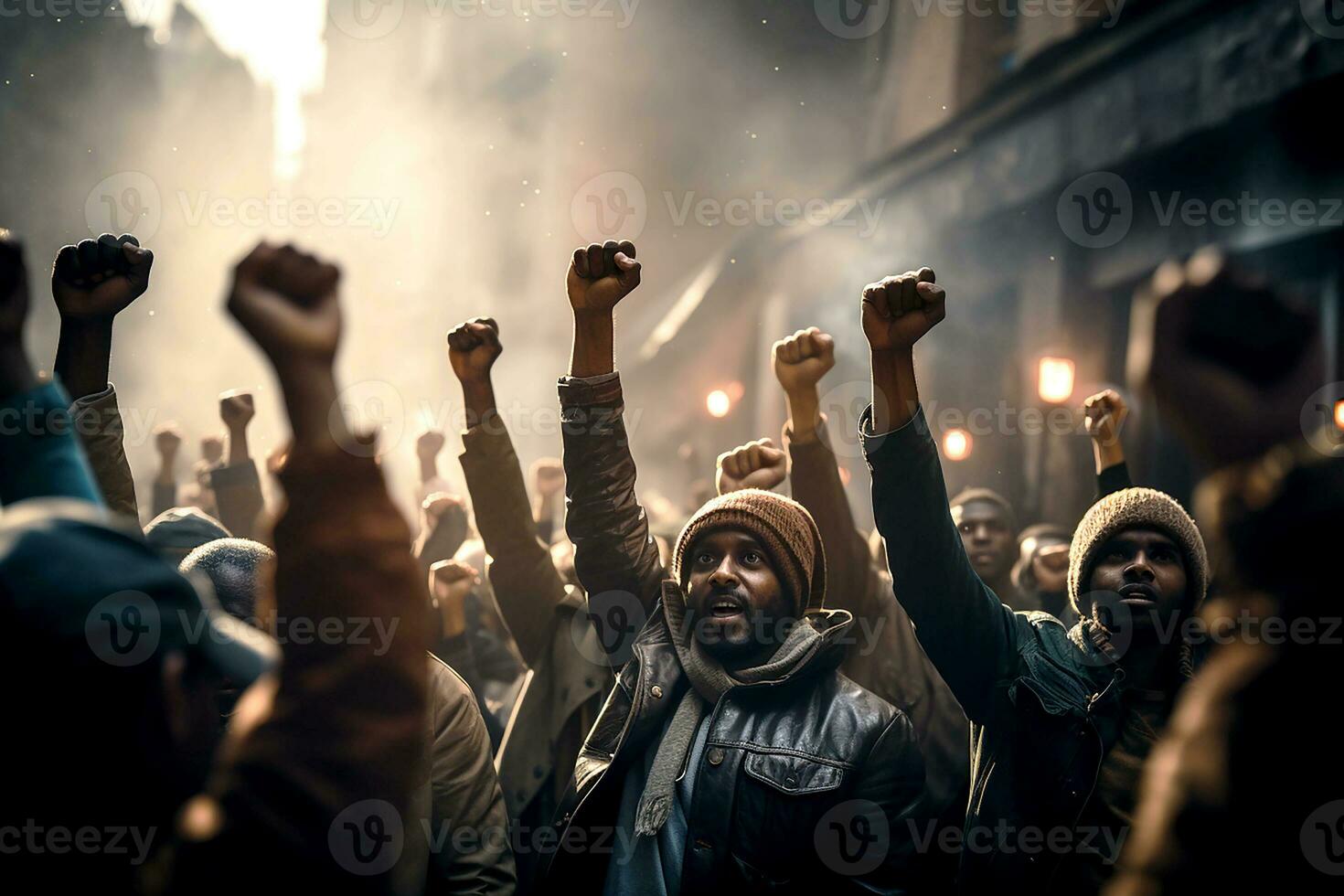 groupe de gens serrer leur les poings et élever leur mains. portrait de manifestation, activiste protester. génératif ai photo
