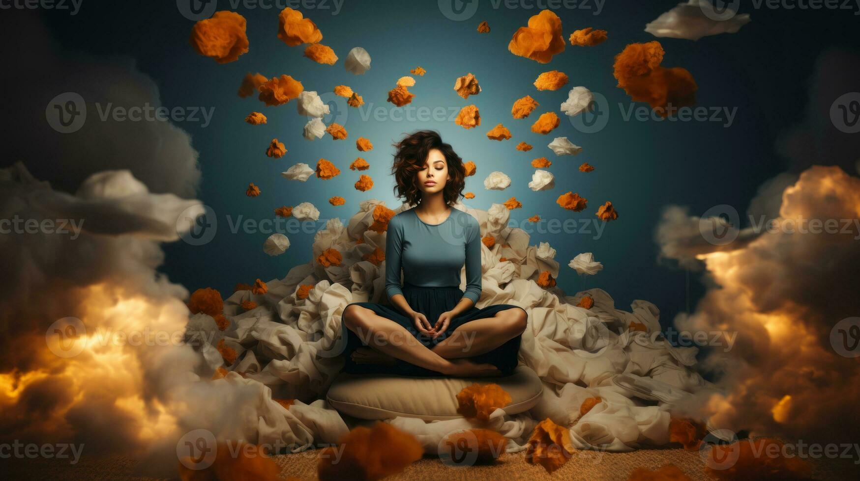 Jeune femme méditer dans lotus pose entouré par surréaliste des nuages et fumée léviter. photo