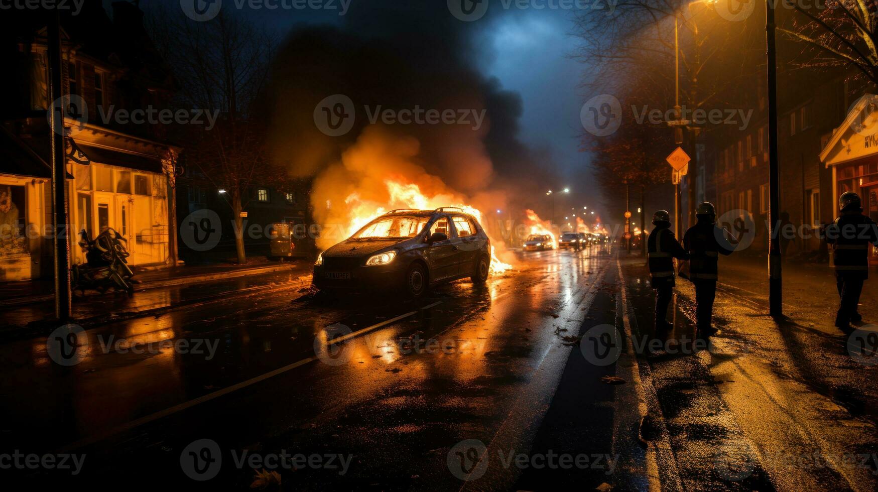 brûlant voiture sur le rue à nuit dans brno, tchèque république. troubles, protestations dans L'Europe . fumée et flammes tout autour. dispersion de manifestations, patrouiller pendant émeutes. affrontements sur des rues. photo