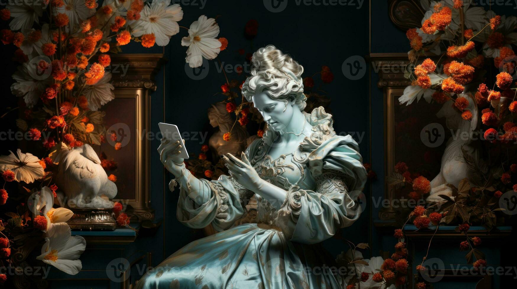 statue de une femme avec mobile téléphone dans le intérieur de le maison. contemporain art collage avec antique statue. photo