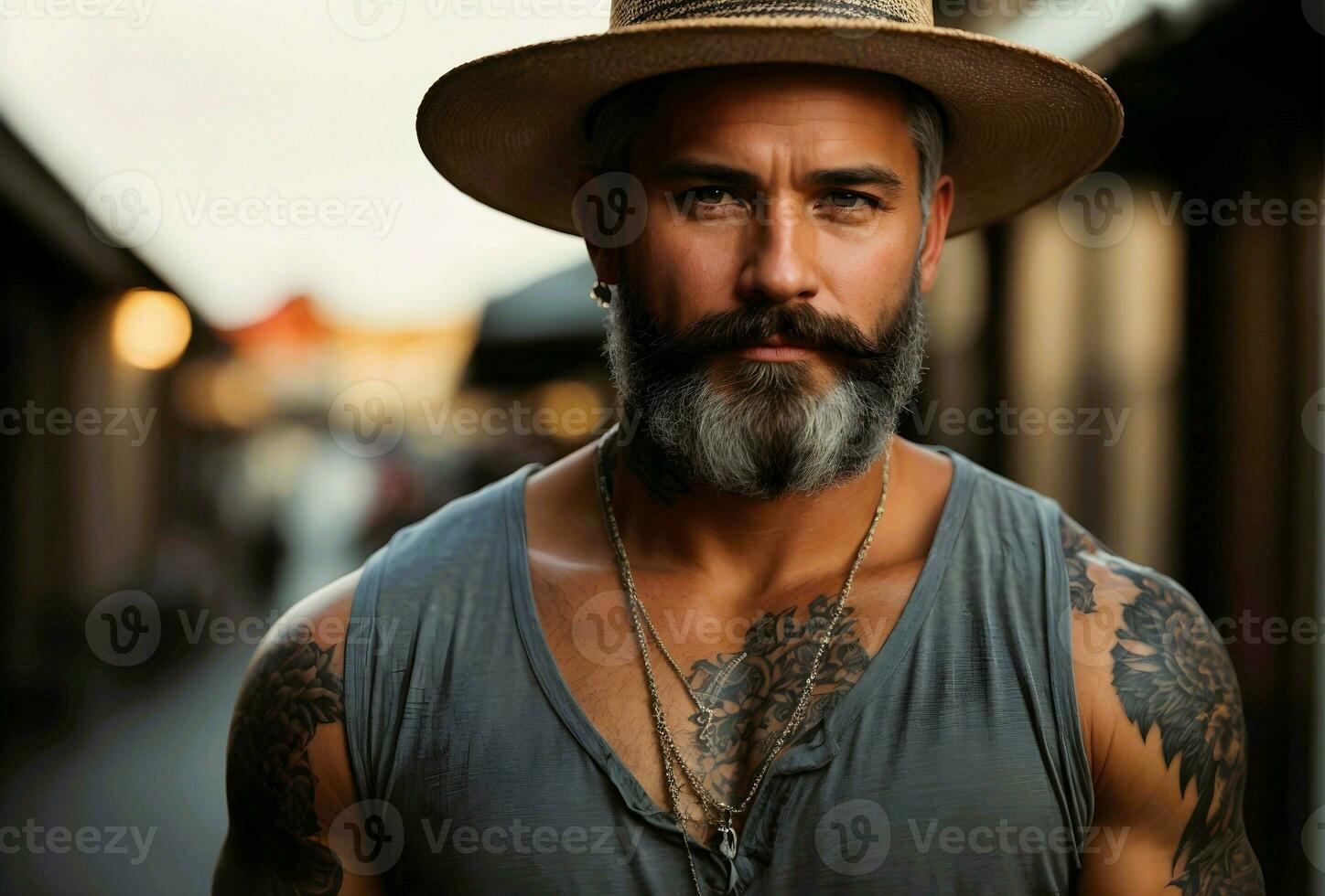 ai génératif fermer portrait de élégant personnes âgées Beau homme avec gris barbe et paille chapeau photo