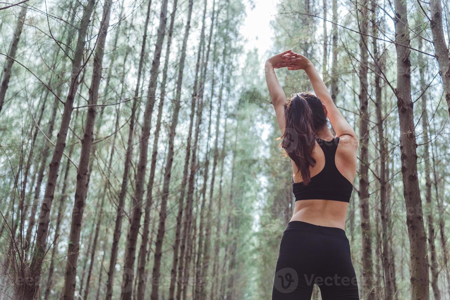 femmes étirant les bras et respirant l'air frais au milieu de la pinède photo